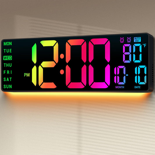 16.5" Large Digital Wall Clock: 11 RGB Colors Wall Mount Decor Clock for Living Room Bedroom Office Classroom, House Warming Gifts New Home Decor, Christmas Birthday Gifts for Men Women Black