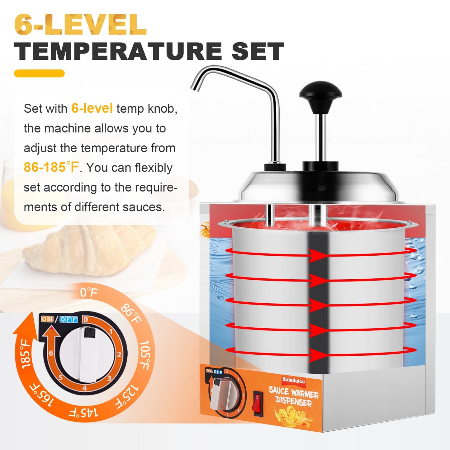 Nacho Cheese Dispenser with Stainless Pump, 2.6Quart Nacho Cheese Sauce Warmer Hot Fudge Dispenser 86-194℉ Insulated Pump Dispenser for Cheese Sauce Hot Fudge Butter