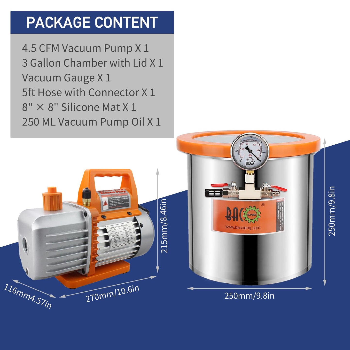 BACOENG 3 Gallon 4.5 CFM Tempered Glass Lid Vacuum Chamber with Pump, Degassing Chamber Kit for Stabilizing Wood, Degassing Silicones, Epoxies and Essential Oils