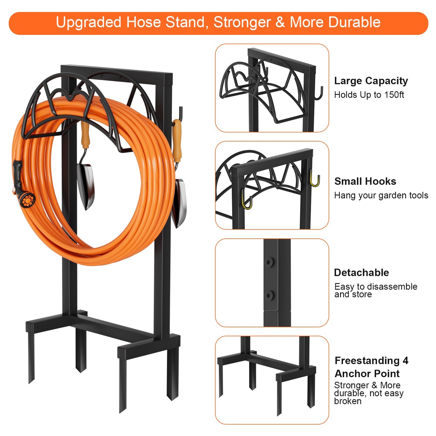 VyGrow Garden Hose Holder, Freestanding Heavy Duty Water Hose Holder for Outside, Upgraded Metal Hose Stand with 4 Spikes, Detachable Garden Hose Storage Hose Reel Rack, Black