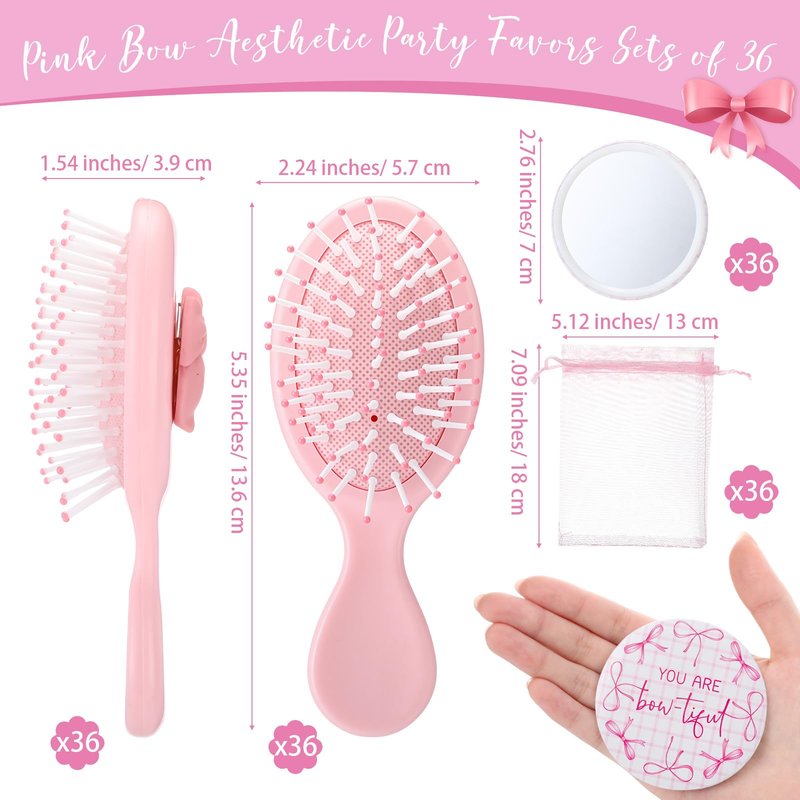 Wonderjune 12 Set Pink Bow Party Favors Women Coquette Compact Mirrors with Mini Hair Brush Organza Bag Inspirational Coquette Aesthetic Preppy Gifts for Sleepover Birthday Bow Themed Party Favors