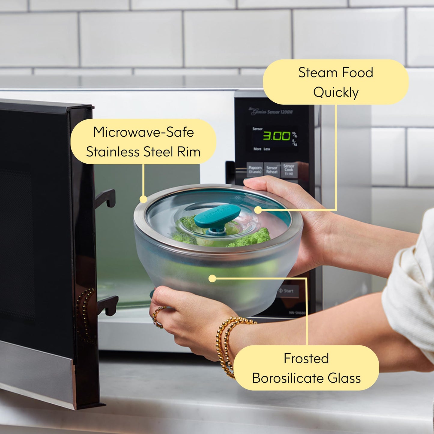Anyday 8-Pc Microwave Cookware & Glass Food Storage Set with Glass Lids | Plastic-Free Containers | Stackable Airtight Steamer with Vented Lid for Microwave-Safe Reheating & Steaming Vegetables, Rice