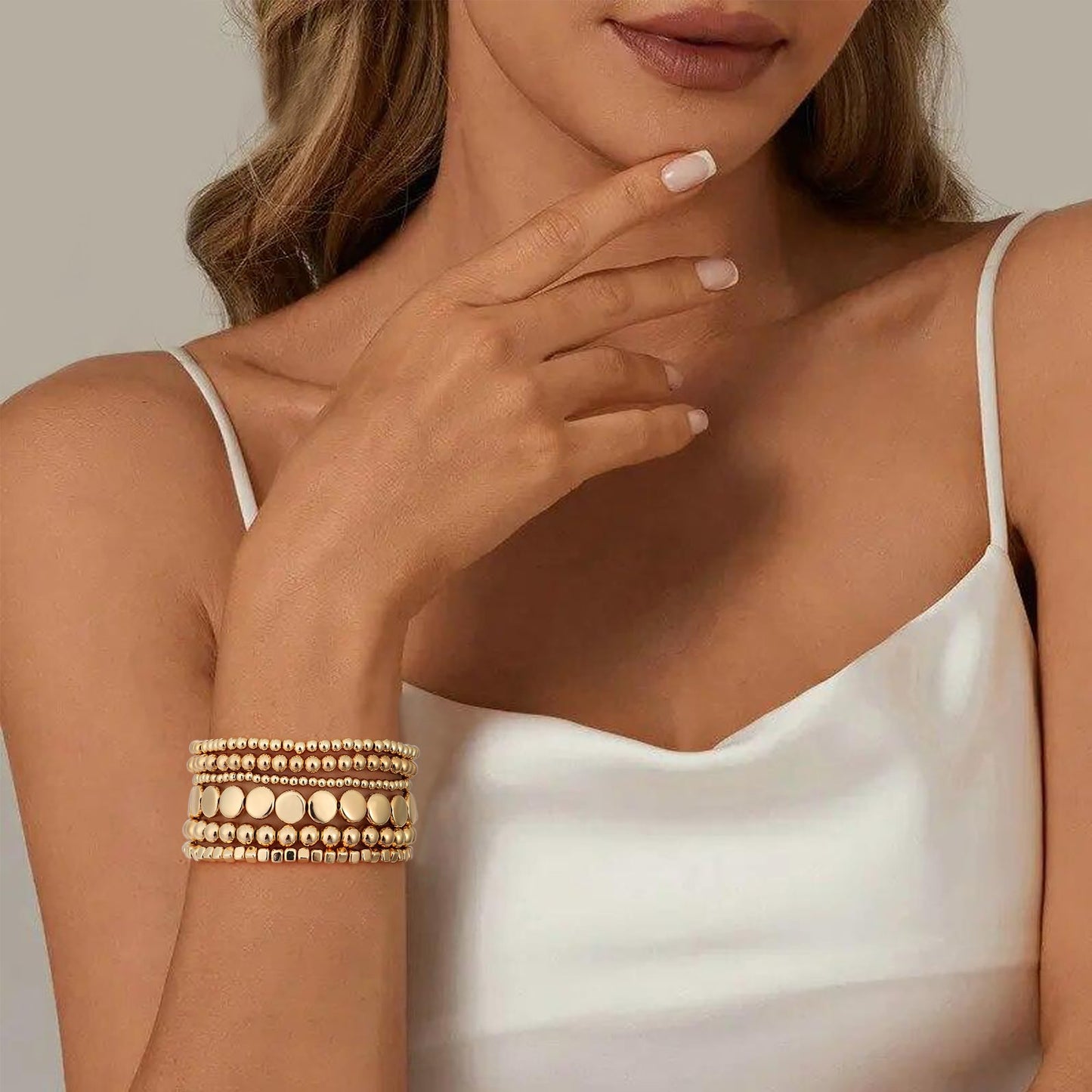 Sajidos Gold Plated Beaded Bracelets for Women Trendy, 14K Gold Plated Stack Cross Pearl Gold Plated Bead Stretch Bracelets Set Elastic Hypoallergenic Bracelets Jewelry Gifts (style12-1)