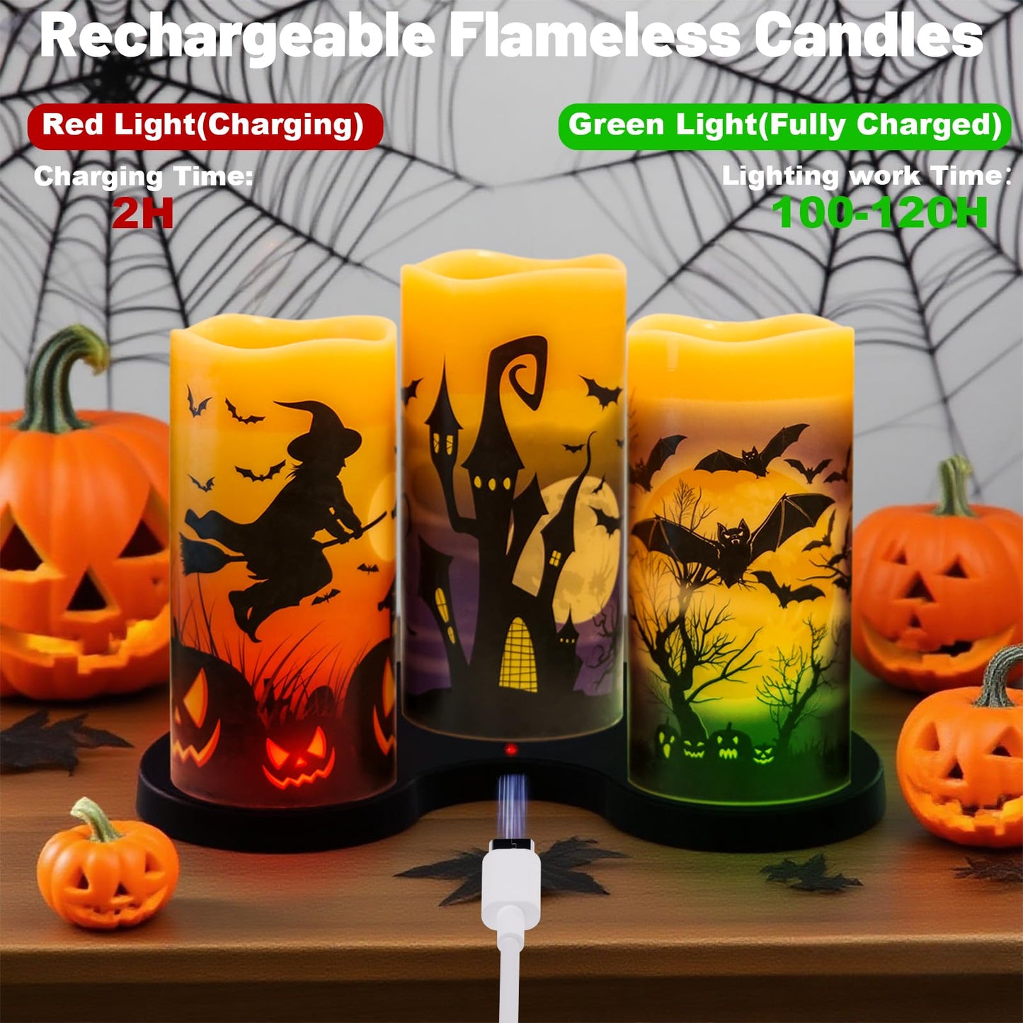 DRomance Rechargeable Halloween Flameless Candles Battery Operated with 6 Hour Timer Real Wax Flickering LED Pillar Candles Bats Witch Pumpkin Dinner Halloween Indoor Deocration(3 Pack, 3" D x 6"" H)"