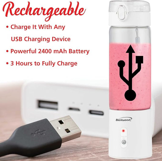 Brentwood 50-Watt 17-Oz. Portable Battery-Operated USB-Chargeable Glass Blender (White)