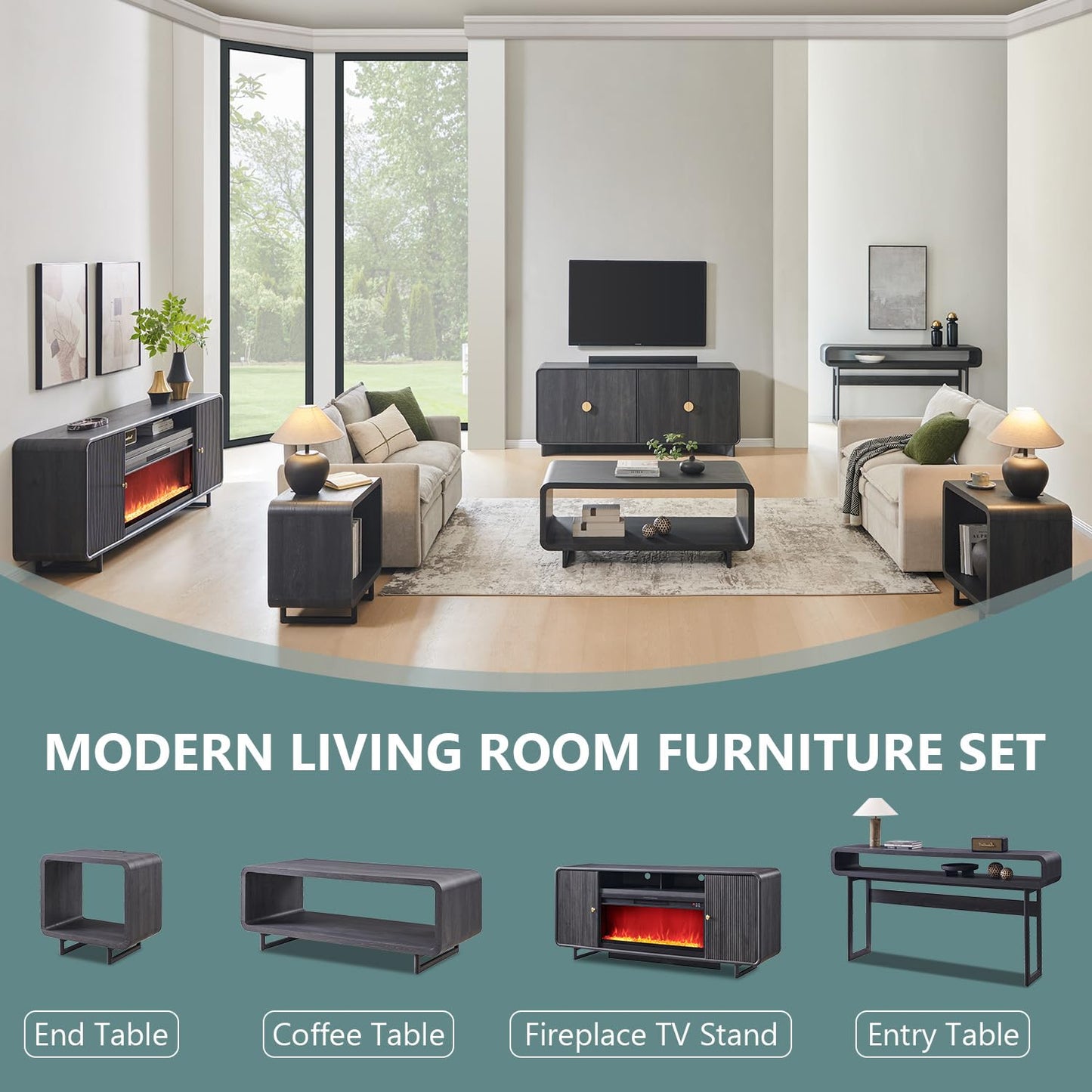 IFGET 70" Fluted Fireplace TV Stand for 80 Inch TV, Modern Entertainment Center w/36'' Electric Fireplace, Wood Media Console w/Curved Profile Design and Adjustable Shelves for Living Room, Dark Grey
