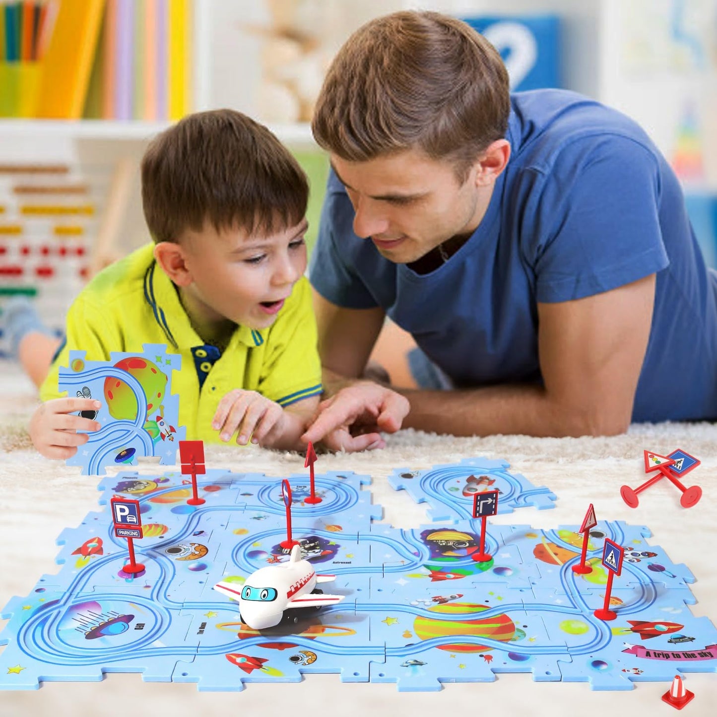 XAZASTOV Plastic Floor Puzzles for Kids with Airplane Toy Car, Puzzle Track Car Play Set, Educational Toys for 3 4 5 6 Year Old Boys, 3 4 5 6 Year Old Boy Birthday Gift, Kids Toys Boys 3-5