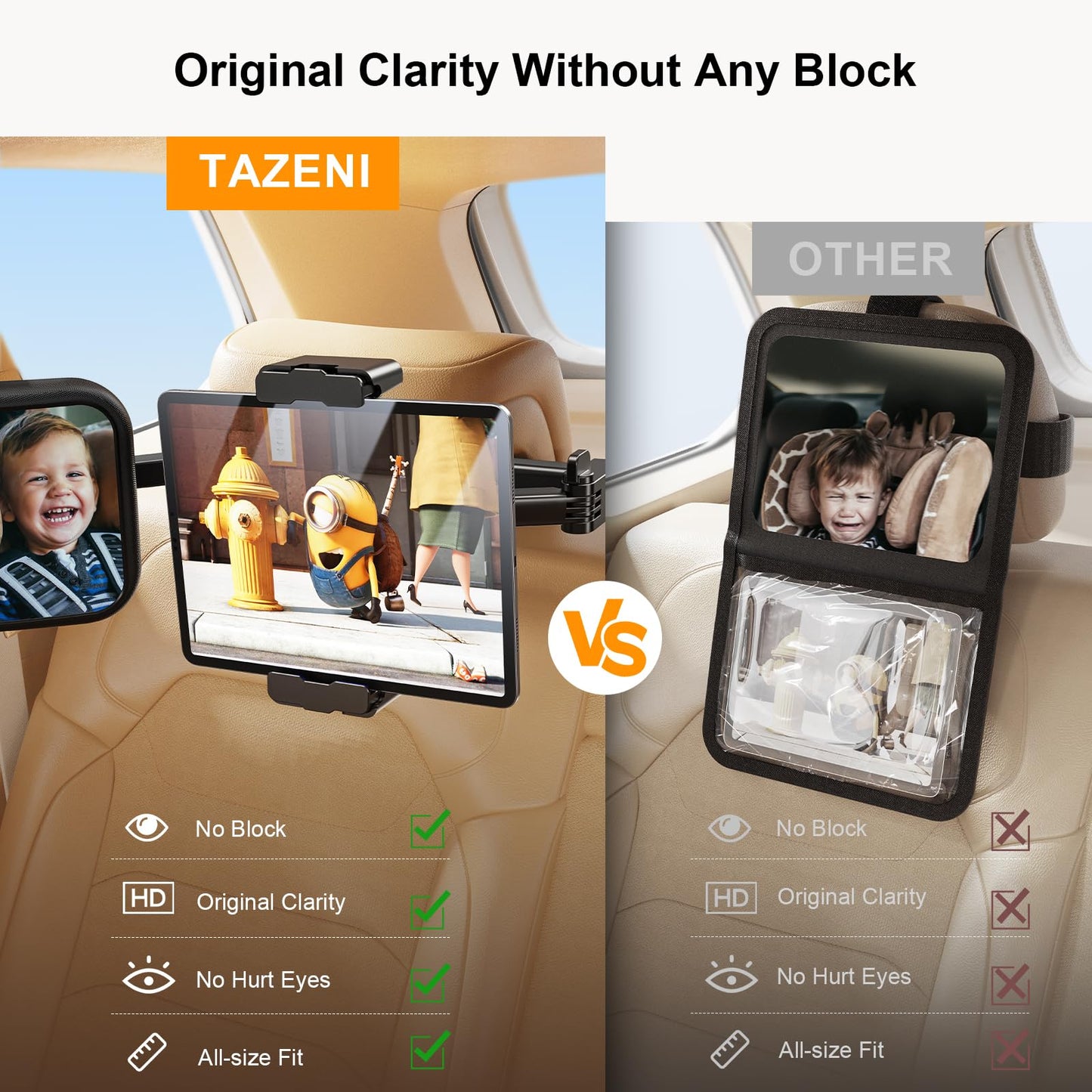 TAZENI Baby Car Mirror, 2 in 1 Car Mirror for Baby with Tablet Holder for Headrest, Safety Original Clarity for iPad Holder Mount, New Born Essentials, Crash Tested & Certified