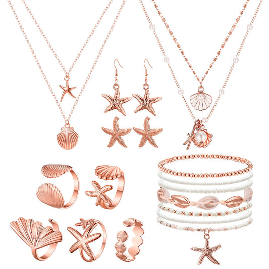 16 Pcs Seashell Starfish Jewelry Set for Women Seashell Earrings Rings Boho Layer Charm Necklace Summer Beach Bracelets Natural White Anklet for Summer Holiday Vacation Accessories(Rose Gold,Beach)