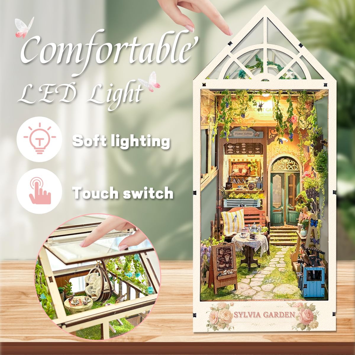 STRUCWOOD LED Garden Book Nook Kit DIY Miniature Dollhouse 3D Puzzle Wooden Bookshelf Room Decoration- Booknook Kits for Adults- Sylvia Garden (SQ-22)