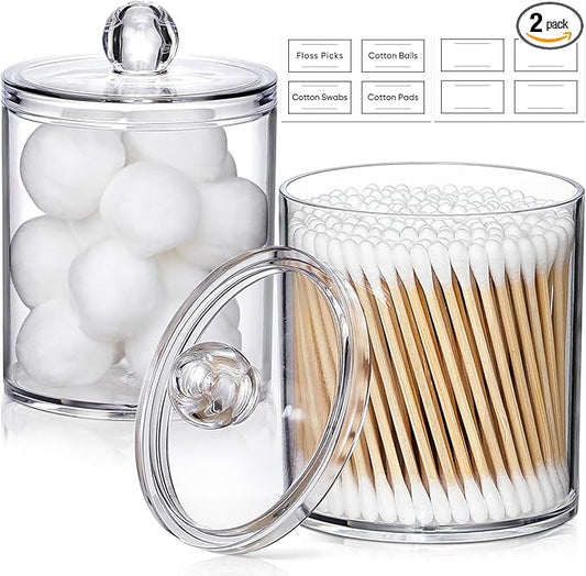 2 Pack Acrylic Qtip Holder Dispenser for Cotton Swabs, Balls, Pads, Floss Picks- Small Clear Plastic Canister Apothecary Jar Set, Bathroom Essentials Accessories Decor, Vanity Makeup Storage Organizer