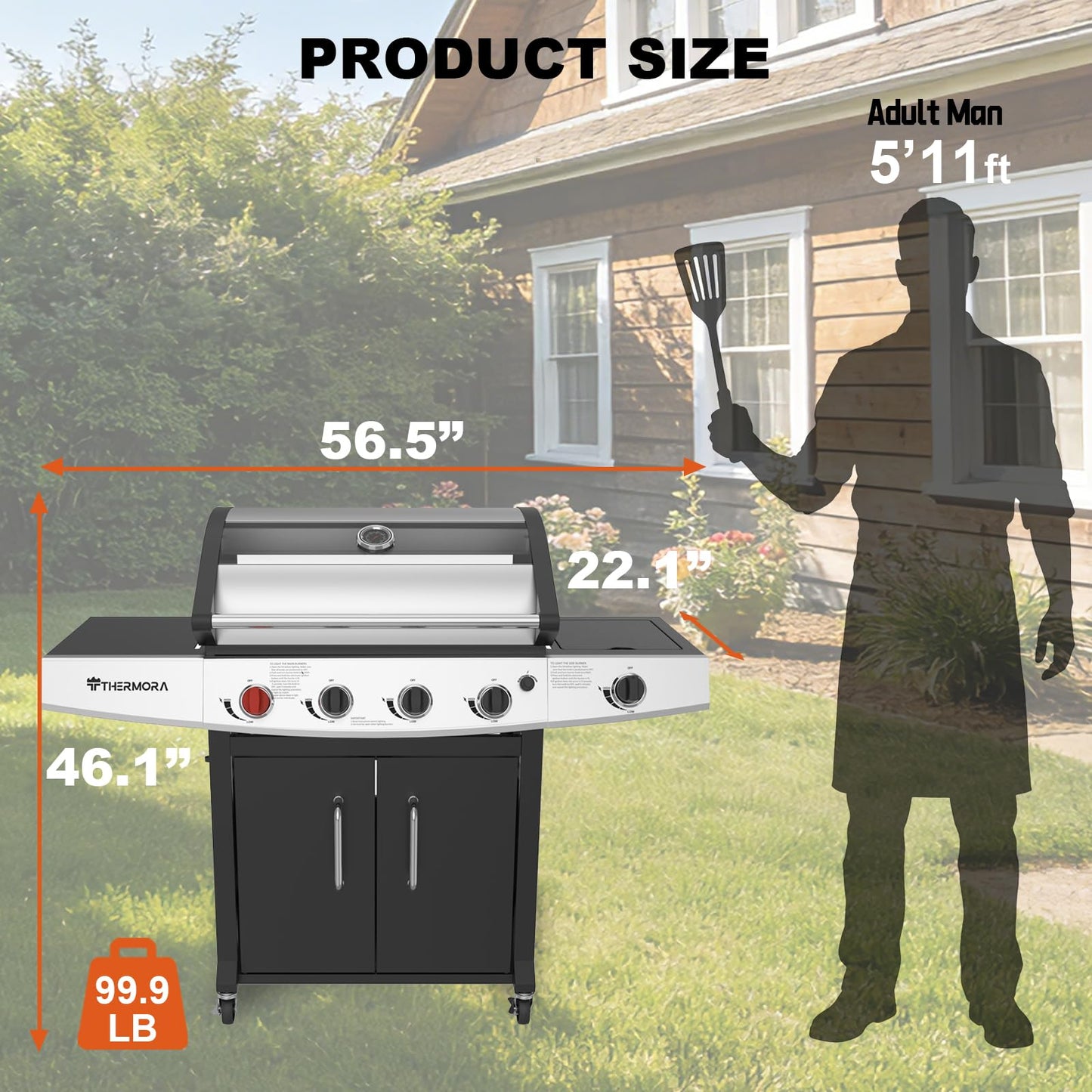 THERMORA 4 Burners Propane Gas Grill 62,000 BTU with Side Burner 645 sq.in, Porcelain-Enameled Grates BBQ Grills, Stainless Steel Propane Grill for Outdoor Cooking Barbecues Patio Garden Family Party
