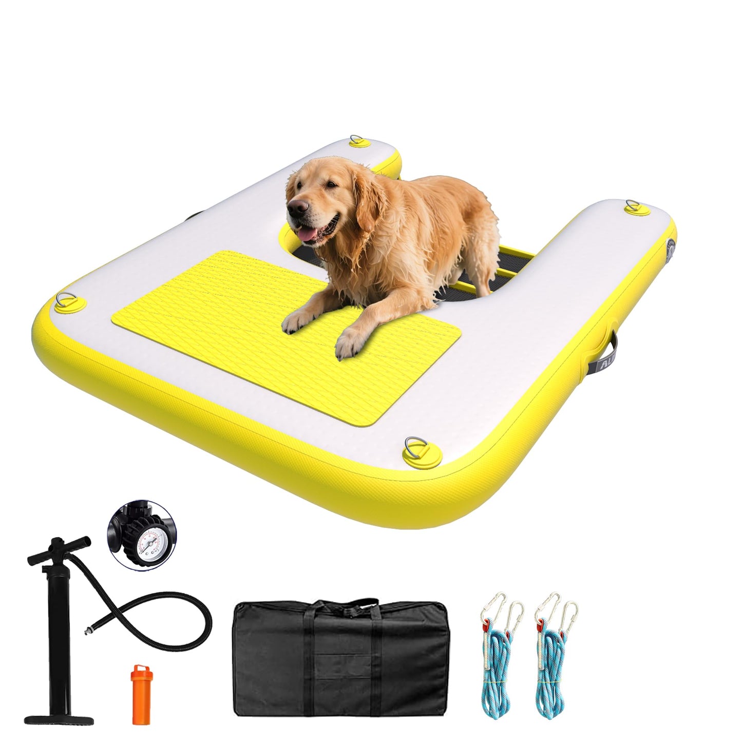 ALIFUN Inflatable Dog Ramp For Boat, Large Dog Water Ramp with Manual Pump, Non-Slip EVA Durable Floating Dock Ladder Up to 90 LBs, Pup Plank for Swimming Pool, Boat, Lake & Ocean (55"L x 39"W x 4"H)