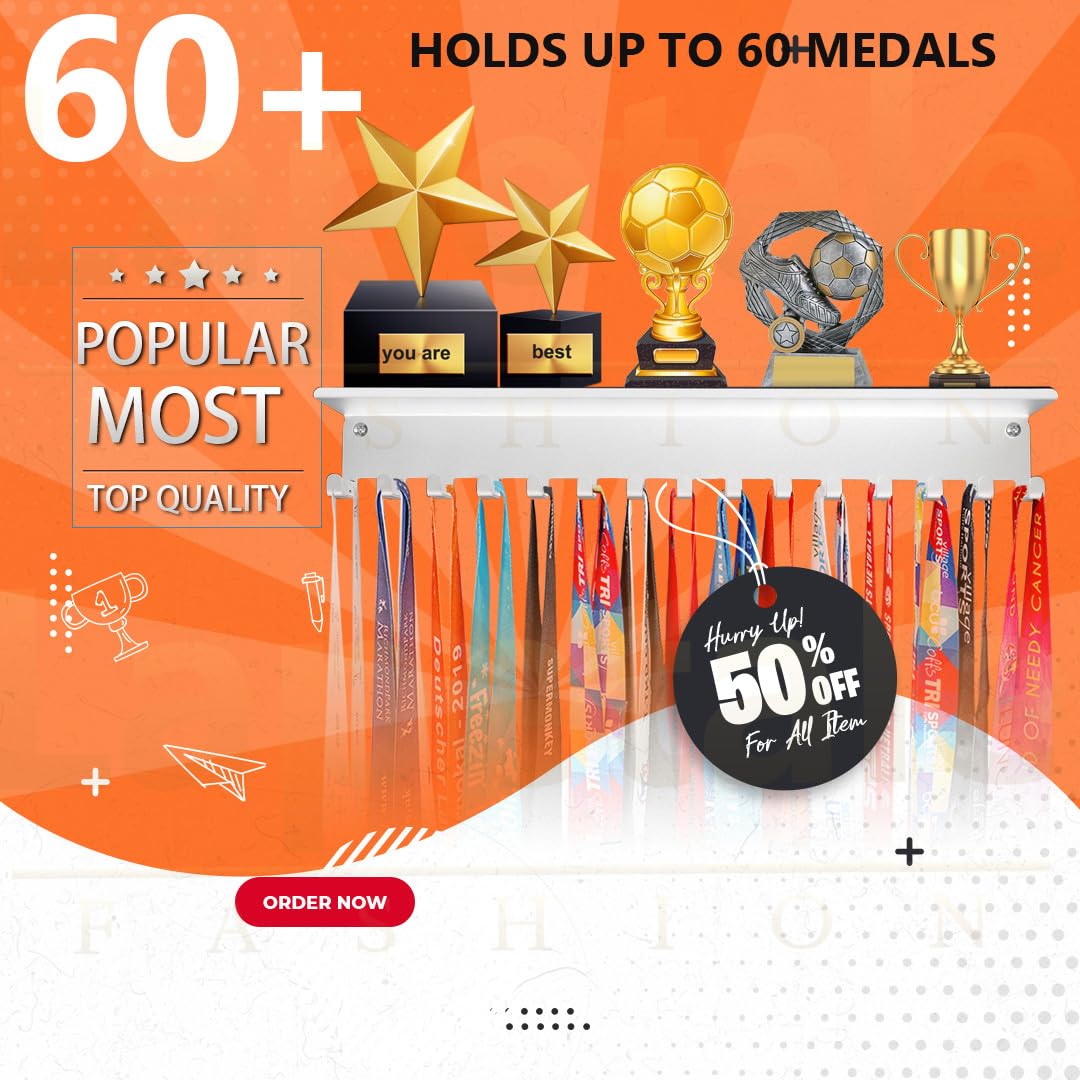 Lapetale Fashion Non-Slip White Trophy Shelf - 16 Inch Medal Hanger Display for Wall with Upgraded Shelves for Trophies, Gymnastics, Soccer, Swim