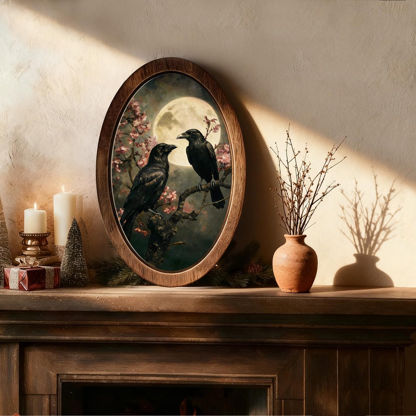 YZSLA Gothic Moody Black Crow Full Moon Framed Wall Art Decor, Dark Academia Witchy Full Moon Raven Floral Oval Wall Art Hanging Decorations for Home Bedroom Living Room, 14.56x9.05 Inch