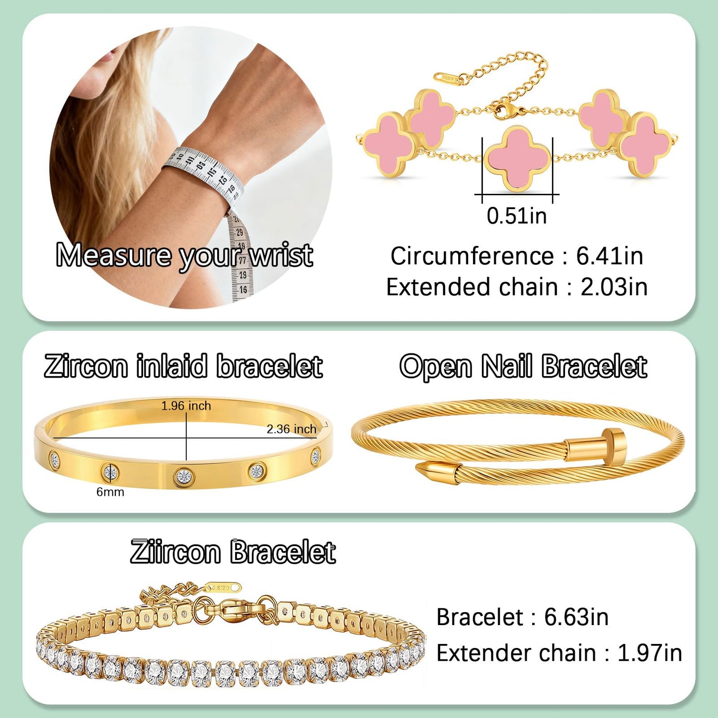 Gold Bracelets for Women, 18K Gold Plated Women Tennis Bracelets Clover Nail Love Bangle Bracelet Set, Gold Bracelet Stackable Set Trendy Jewelry, Gifts for Women's Day and Mother's Day (08-Color-4 Pink)
