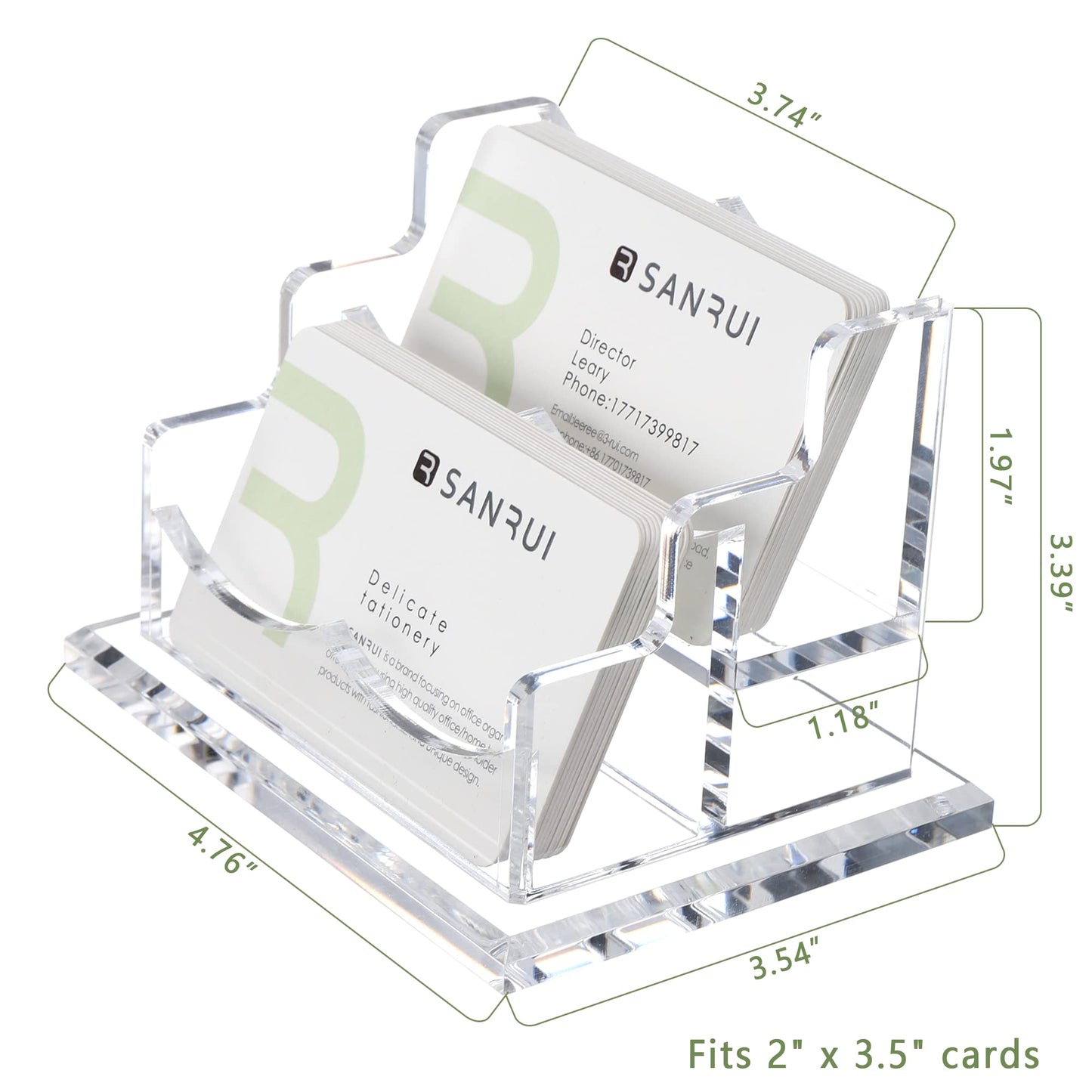 SANRUI Business Card Holder for Desk, Clear Acrylic Business Card Holders Horizontal Business Card Display Stand 2 Slots（Patent No.:US D1,001,889 S）