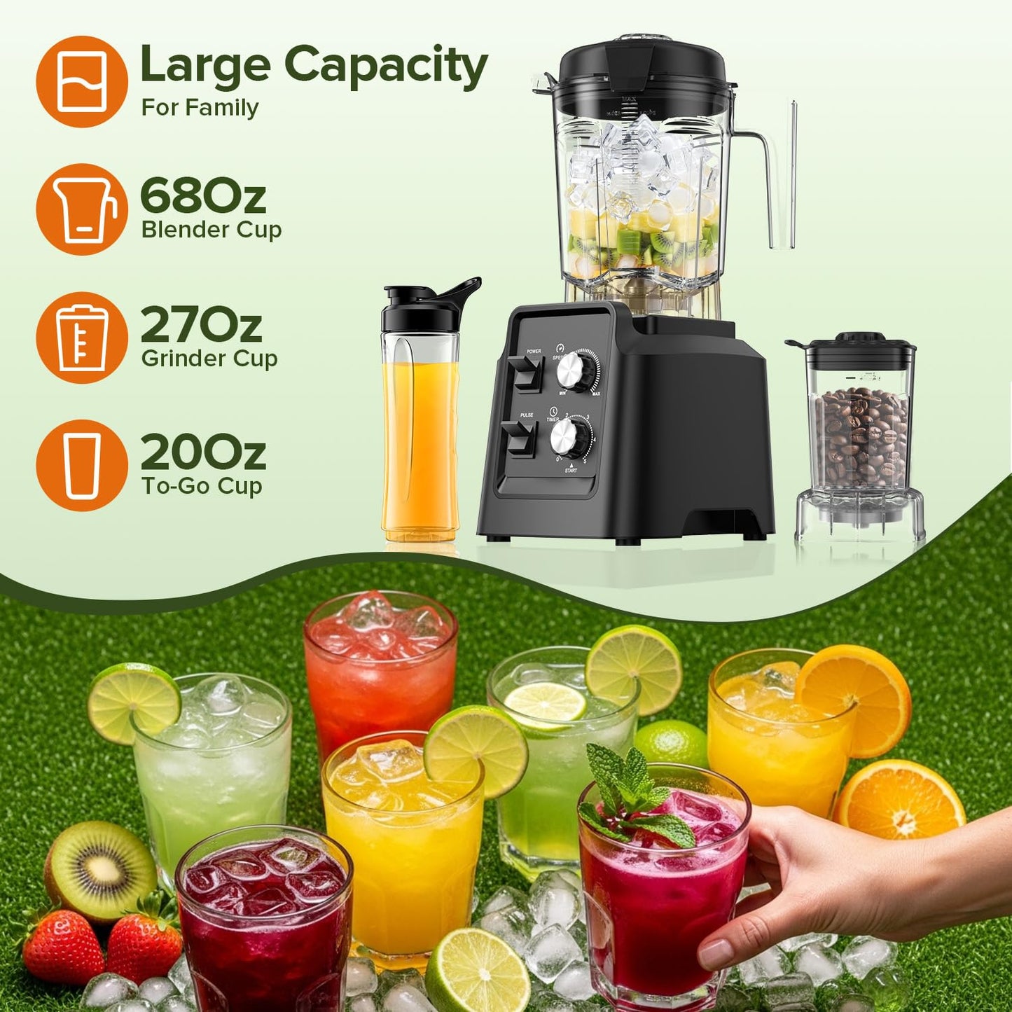 Blender for Smoothies, Professional Countertop Blenders with Self Cleaning, Ice Crush & Frozen Fruits, Dishwasher Safe Jar, 6 Blades for Silky Shakes and Drinks