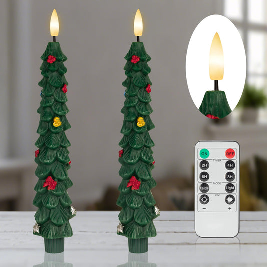 AFINETH Christmas Tree Taper Candles with Remote, 2 Pack Green Flameless Candles Battery Operated, Real Wax 9.6 Inch Flickering Led Tree Candlesticks Decorations for Winter Home Holiday Xmas Gift