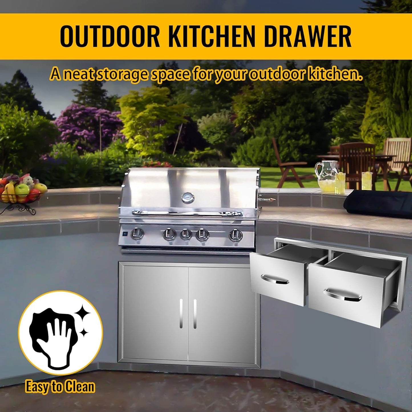 KODOM 30" W x 10" H x 20" D Outdoor Kitchen Single Drawer Stainless Steel BBQ Access Drawers with Exquisite Handle for Outdoor Kitchen Island or Grill Station