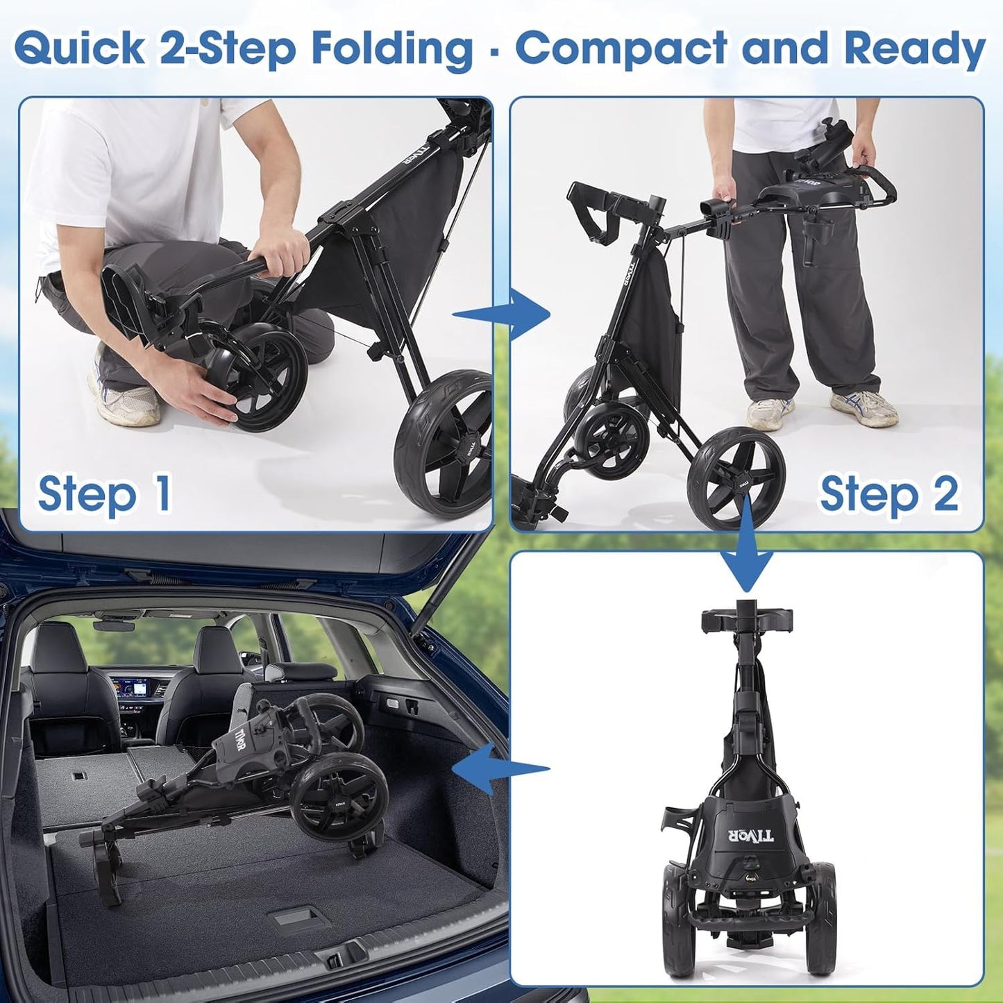 3 Wheel Golf Push Cart,Lightweight Golf Pull Cart with Quad-Fold Frame,and Cleaning Kit Golf,Cooler Bag,Cup/Phone/Umbrella Holder Compact Golf cart-black