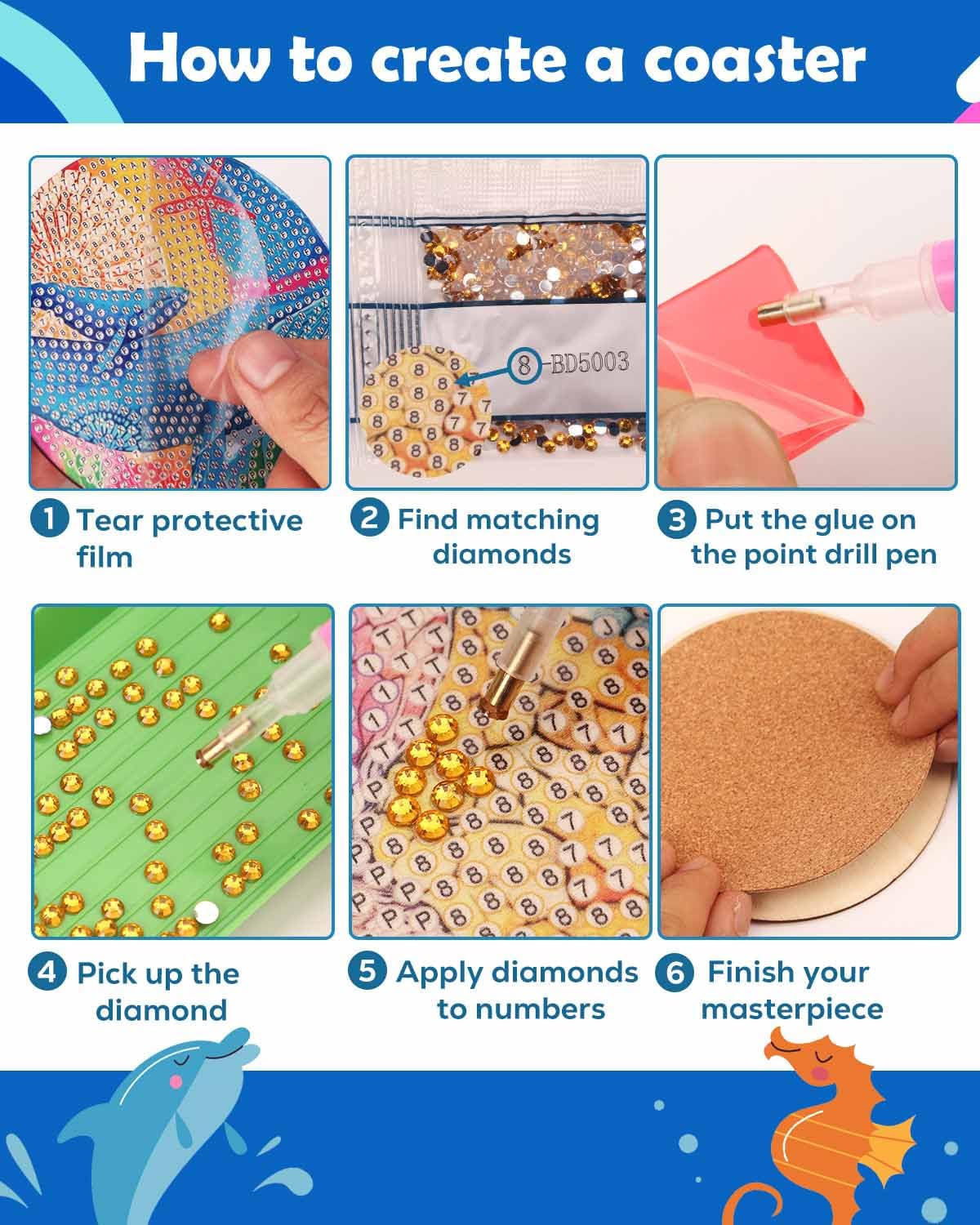 8 Pcs Diamond Art Painting Coaster Kit, DIY Small Gem Diamond Art Kits for Adults Women Beginners Kids, Diamond Dotz Kits Non Slip Coaster Craft Art Supplies (Ocean)