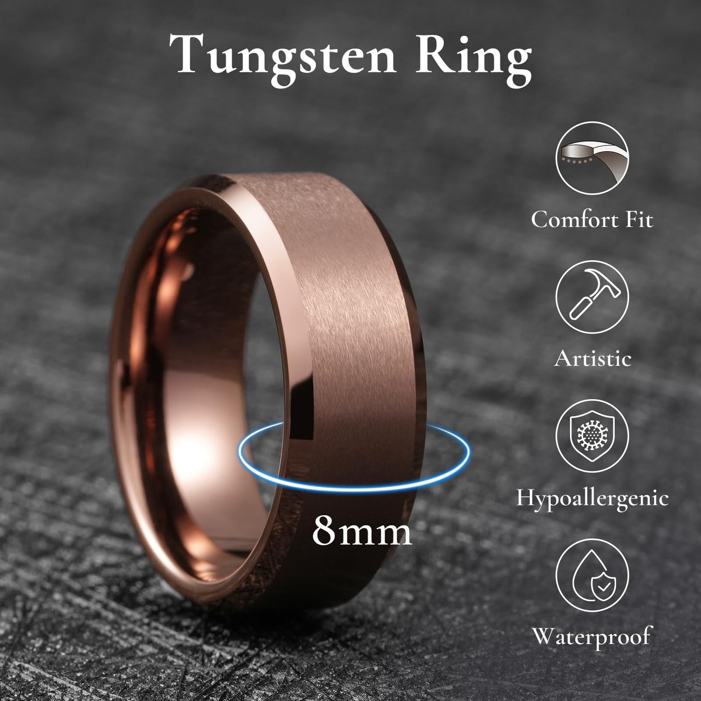 King Will Brown Basic Tungsten Rings For Men 8mm Wedding Band Polished Edge Brushed Matte Promise Ring Comfort Fit, Size 12