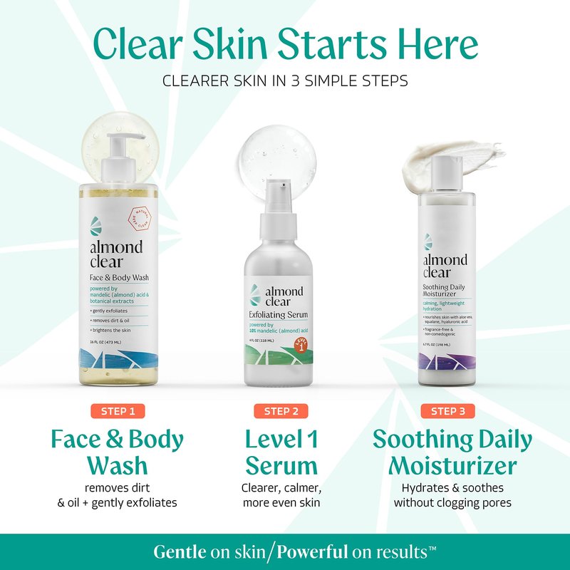 Almond Clear Mandelic Acid Face & Body Clearing Serum, Level 1- for acne, folliculitis, aging skin, ingrown hairs, dark spots - face, chest, butt, back, thighs, arms - 1 fl oz