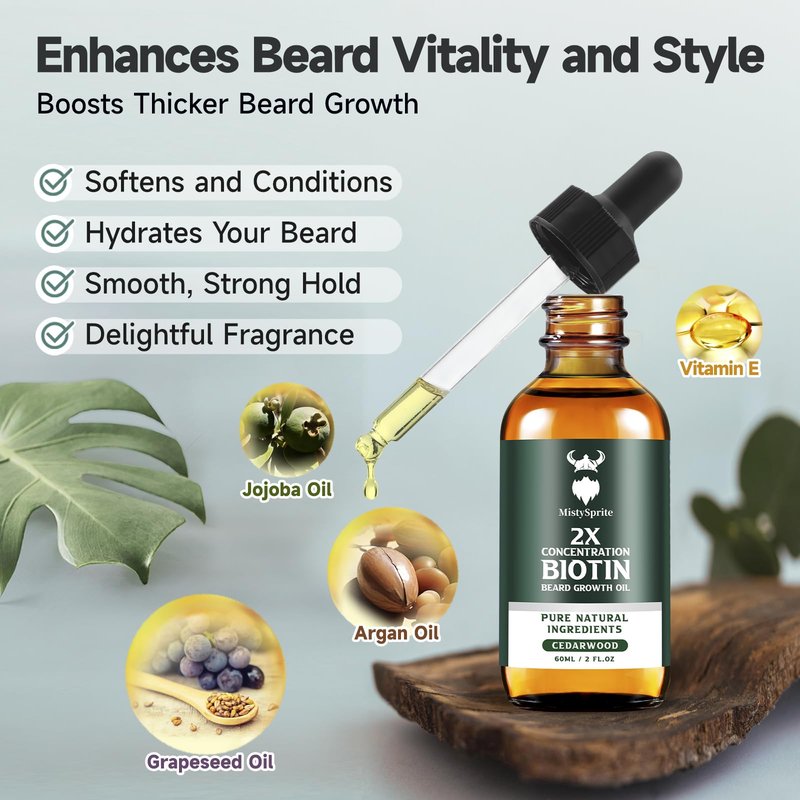 Beard Growth Oil - 2X Concentration Biotin Beard Oil for Men (2 oz) - Natural Mens Beard Oil with Argan Oil, Jojoba Oil and Vitamin, Beard Growth Softener, Moisturizer (Cedarwood)