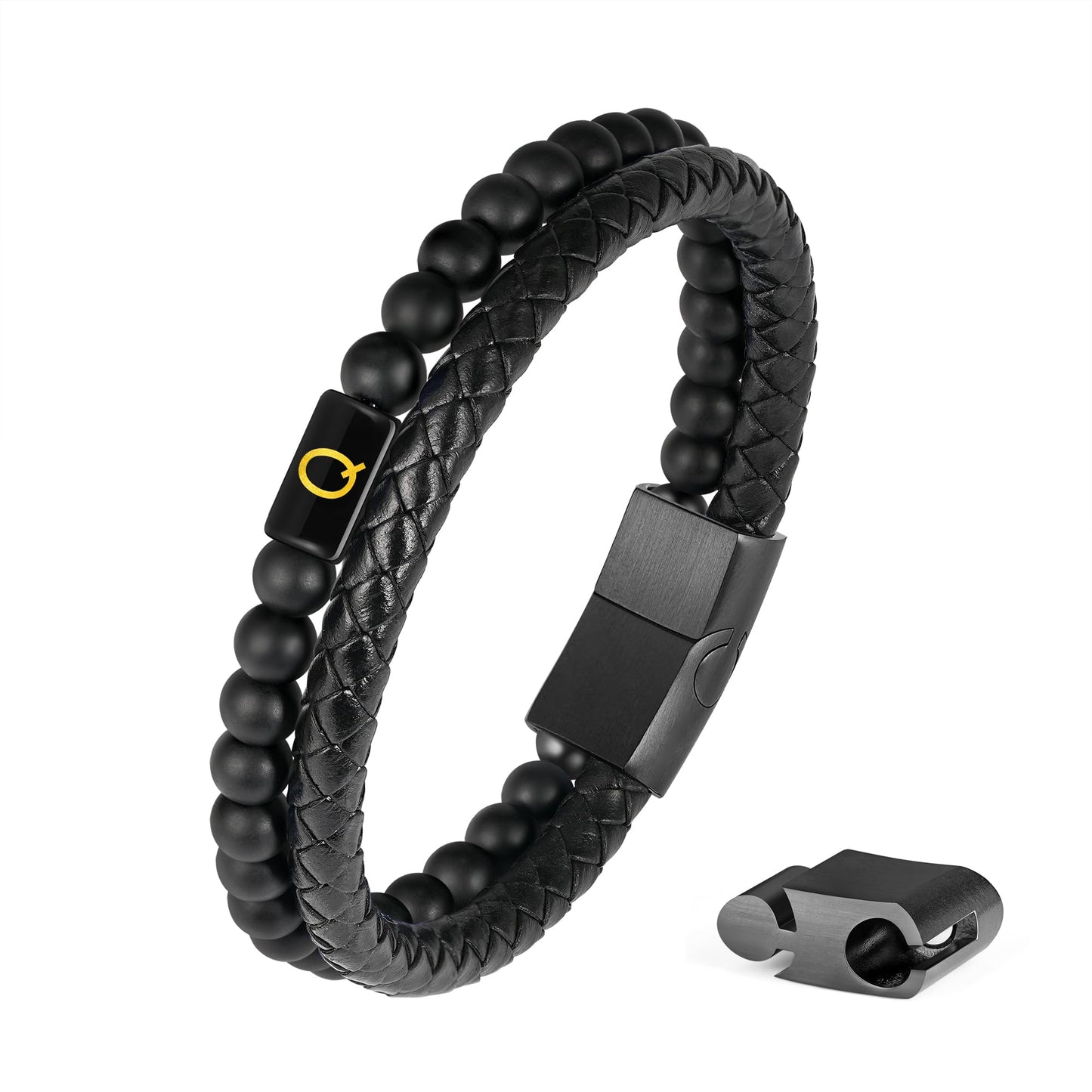 Leather Bracelets for Men - Mens Bracelet with Initial Matte Agate Bead Magnetic Clasp Black Mens Leather Bracelets for Men Gifts Black Initial Q Bracelet for Men's Jewelry Men's Gifts for Dad Husband