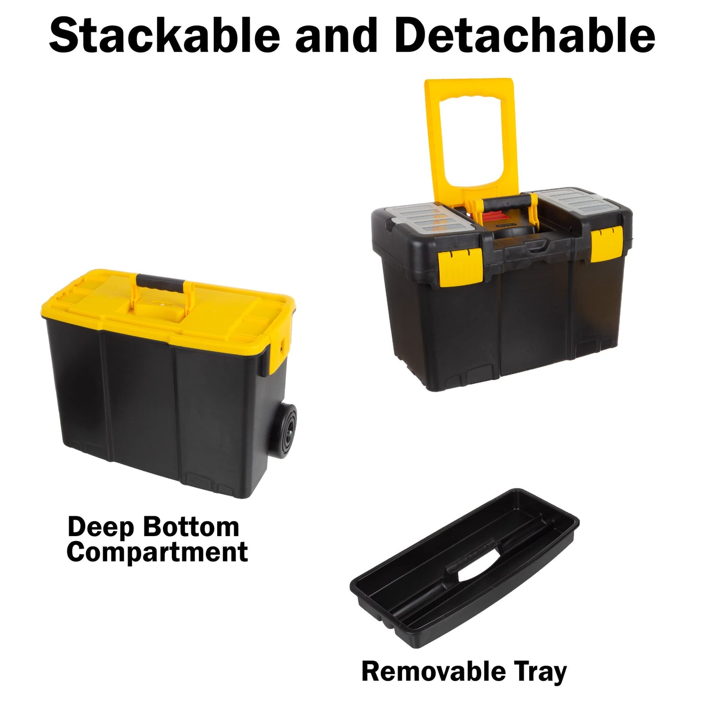 Portable Tool Box with Wheels - Stackable 2-in-1 Tool Chest with Fold-Down Comfort Handles, Tough Latches, and Removable Storage Trays by Stalwart