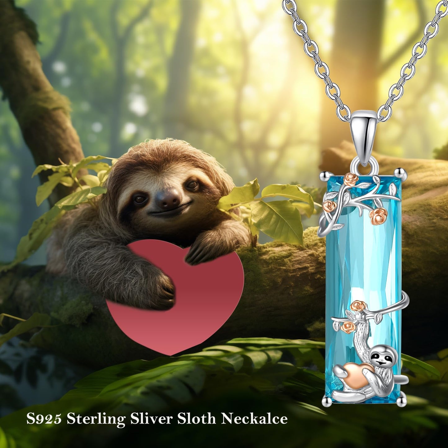 AENEAS Valentines Day Gifts for Women Her Sloth Necklace 925 Sterling Silver Rose Flower Blue Crystal Sloth Hold Heart Jewelry Gift for Daughter Women Wife