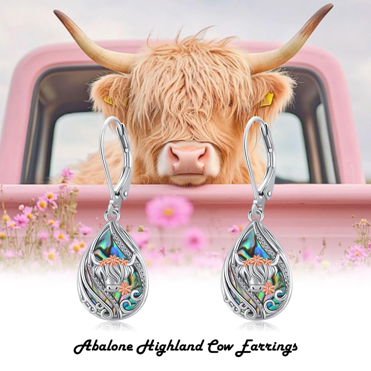 YYmqmq Highland Cow Earrings 925 Sterling Silver Abalone Cow Dangle Earrings Leverback Highland Cow Jewelry Scotland Gifts for Women Girlfriend