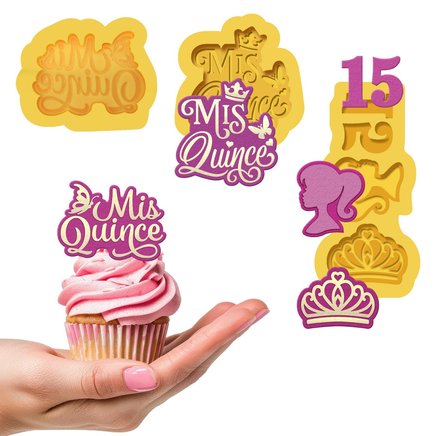 Mis Quince silicone mold Set 3 pcs for Cupcake topper,chocolate covered Strawberries, and Quinceañera Decorations, crown molds for chocolate, Mis 15 años fondant mold.