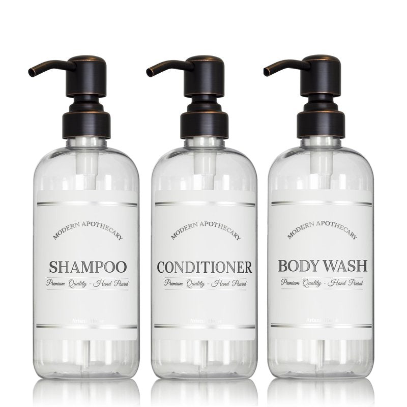 Artanis Home Clear Refillable Shampoo, Conditioner, and Body Wash Bottles - PET Plastic Shampoo Bottles Refillable with Oil Rubbed Bronze Pump - Waterproof Labels - 16 oz, 3 Pack