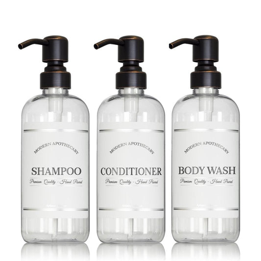Artanis Home Clear Refillable Shampoo, Conditioner, and Body Wash Bottles - PET Plastic Shampoo Bottles Refillable with Oil Rubbed Bronze Pump - Waterproof Labels - 16 oz, 3 Pack