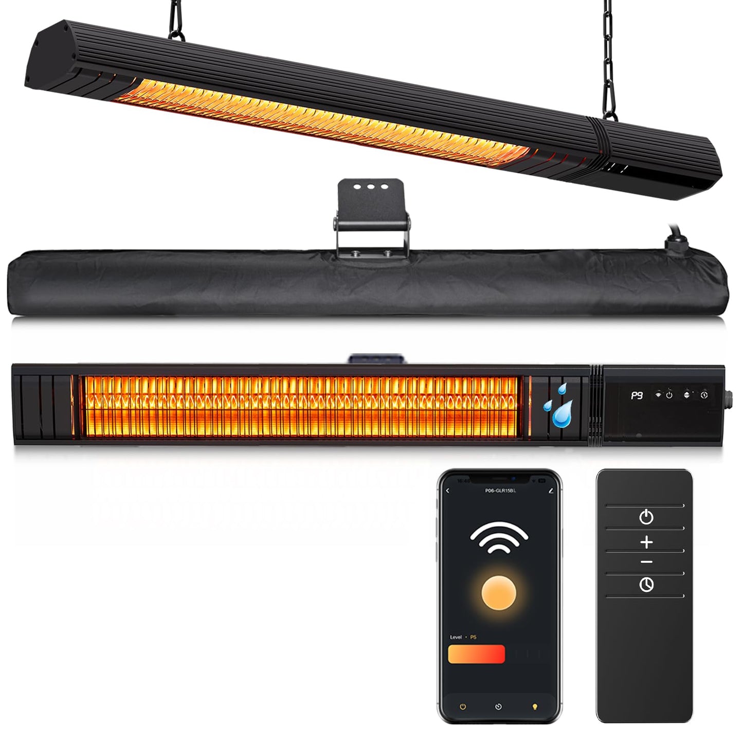 Ceiling Electric Outdoor Heater Wifi Control Wall-Mounted Hanging Patio 1500W Infrared 9 Heat Levels, 24H Timers, Carbon Fiber Tube Heating Wall Heater for Gazebo, Balcony (Rose Gold Quartz Glass)