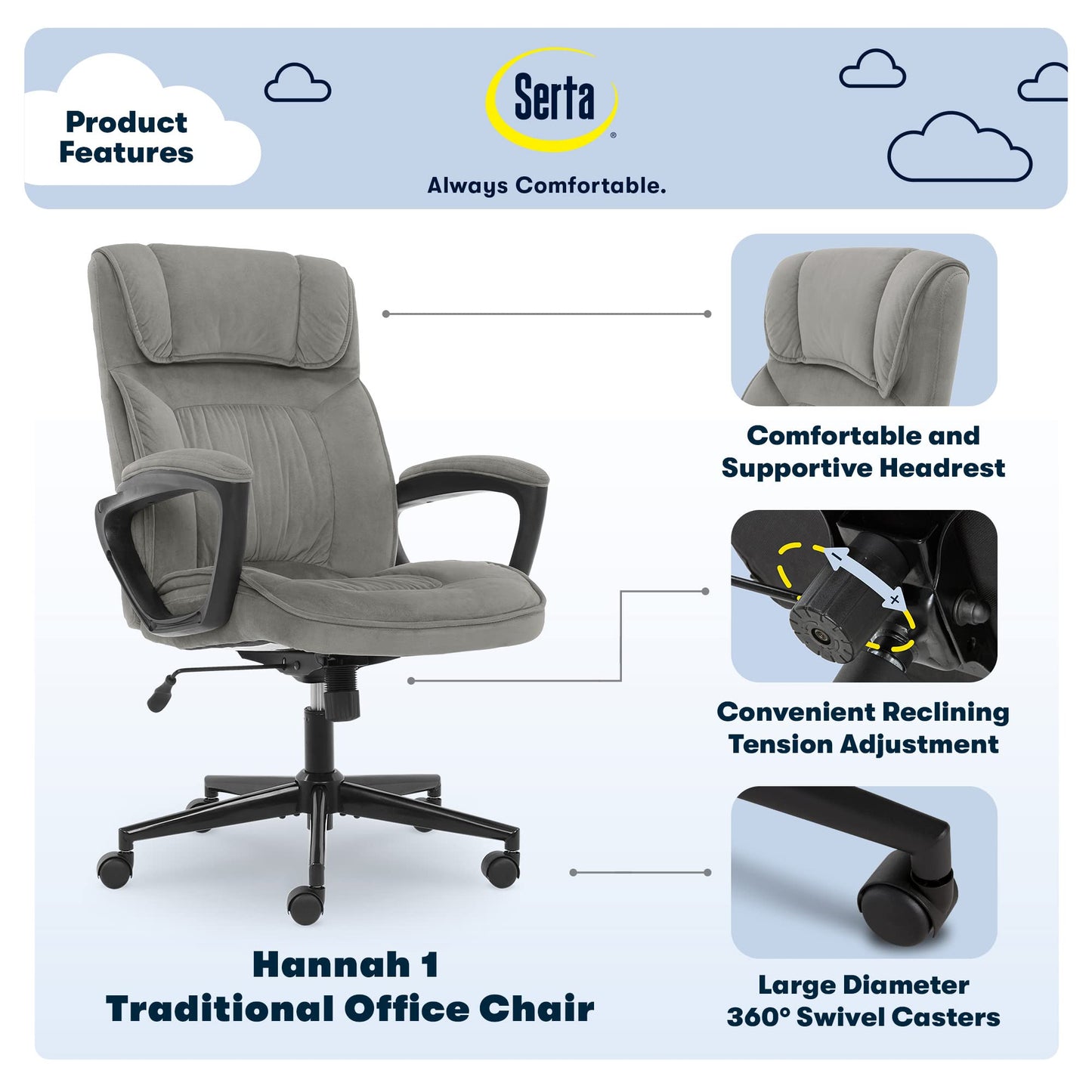 Serta Hannah Executive Home Office Desk Chair, Ergonomic Mid-Back with Lumbar Support, Firm Seat Cushion, Layered Body Pillows, Padded Armrests, Swivel Base, Easy Assembly, Microfiber, Black/Grey