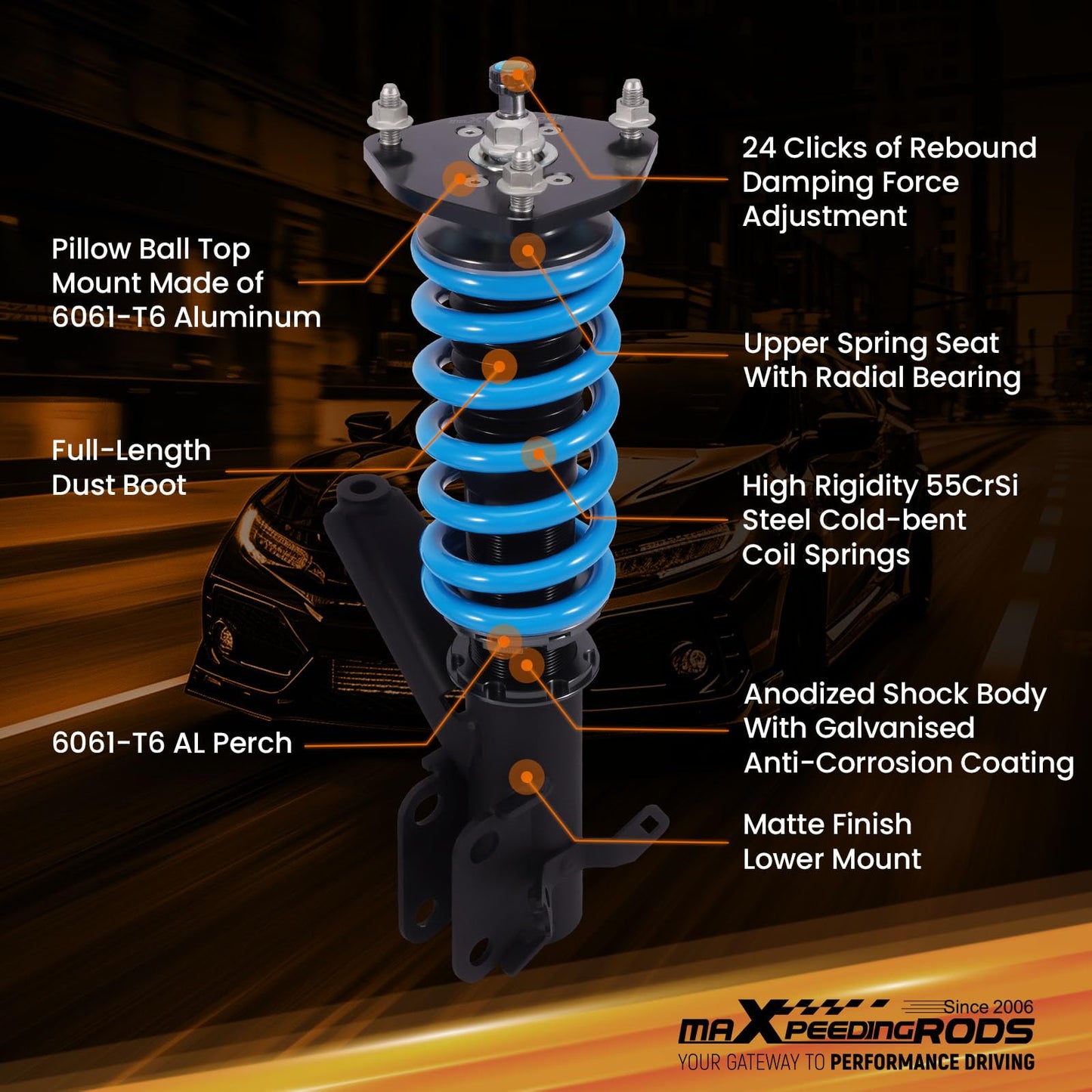 maXpeedingrods Coilovers for Honda Civic DX/EX/GX/HX/LX/Si 2001-2005, Height Adjustable Shock Absorrber, 24 Levels Damper Adjustable Coilovers Suspension Kit, T6 Upgraded Lowering Kits Blue