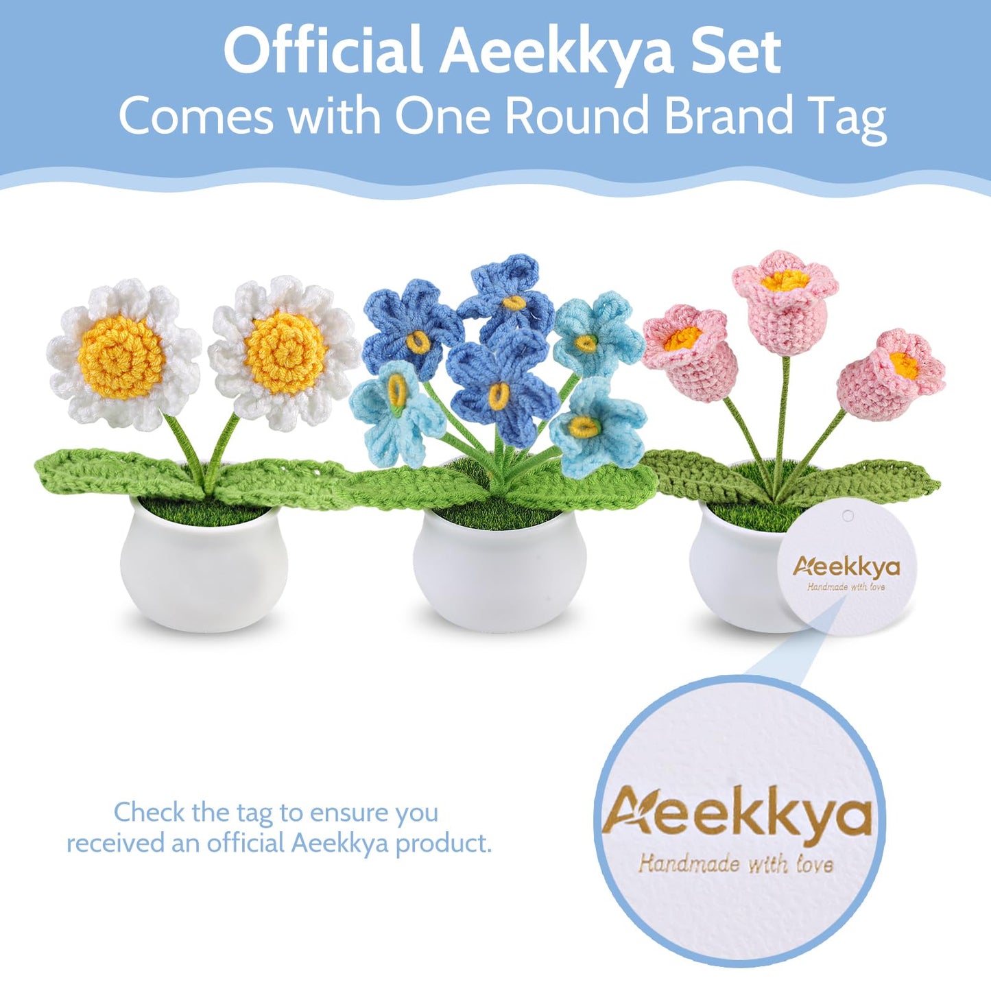 Aeekkya 3pcs Crochet Flowers Pot, Cute Handmade Crochet Flower Desk Decor with Sunflower, Lily of the Valley, Forget Me Not, Gift for Women, Mom, Teacher, Friend, Birthday, Mother’s Day, Thank You