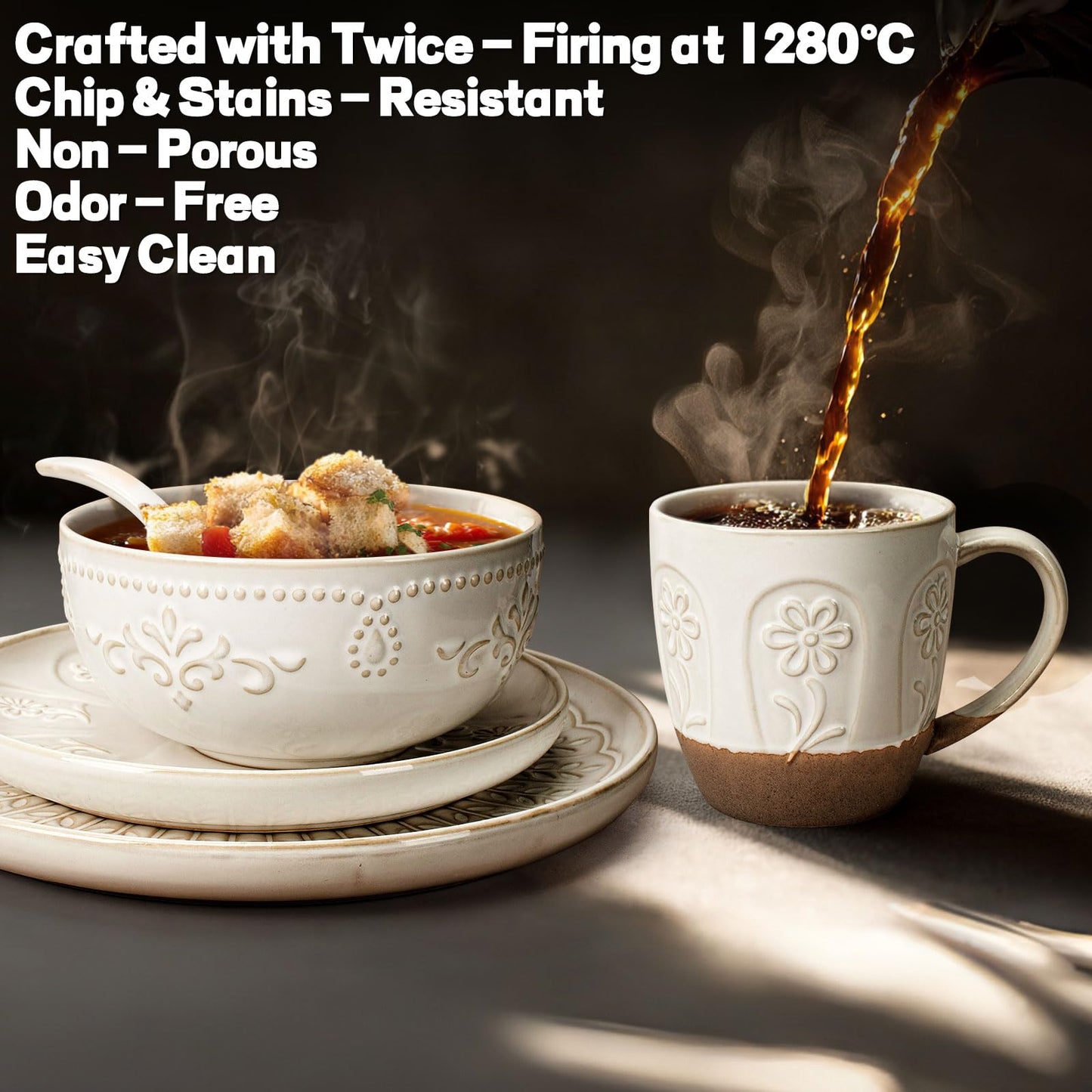 Artena Ceramic Coffee Mugs Set of 4, 16oz Embossed Large Latte Mugs Coffee Cups with Handle for Tea, Latte, Cappuccino & Cocoa, Milk Dishwasher & Microwave Safe, White (Pinwheel Flower)