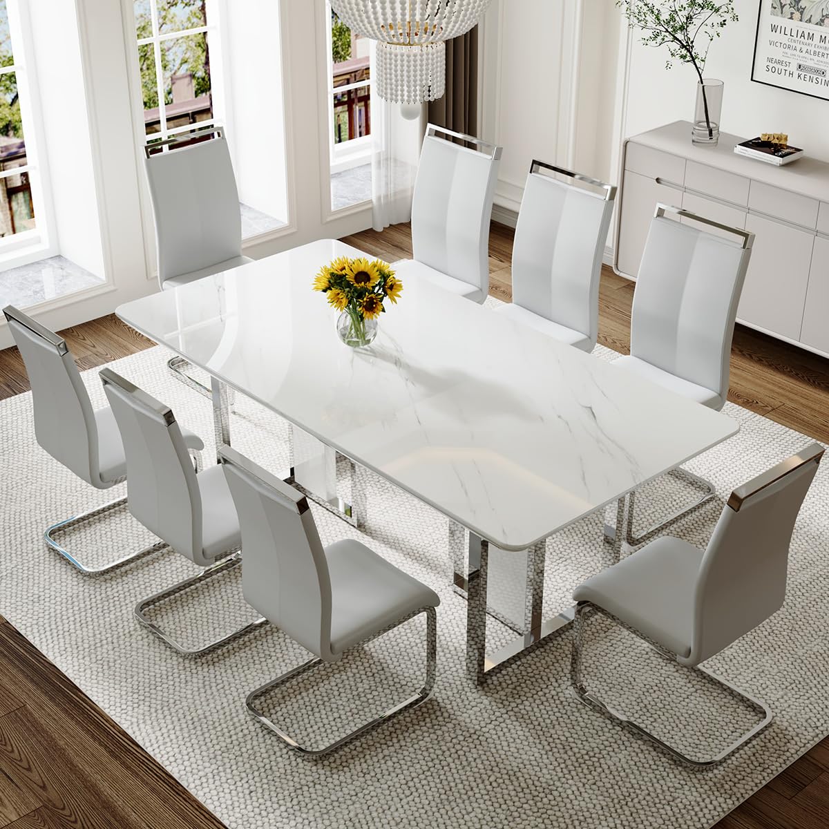 MEMUY 79" Modern Dining Table Set for 8,White Dining Room Table with 8 Light Grey PU Chairs, Modern Rectangular Kitchen Table and Chairs Set of 8 with Silver Base