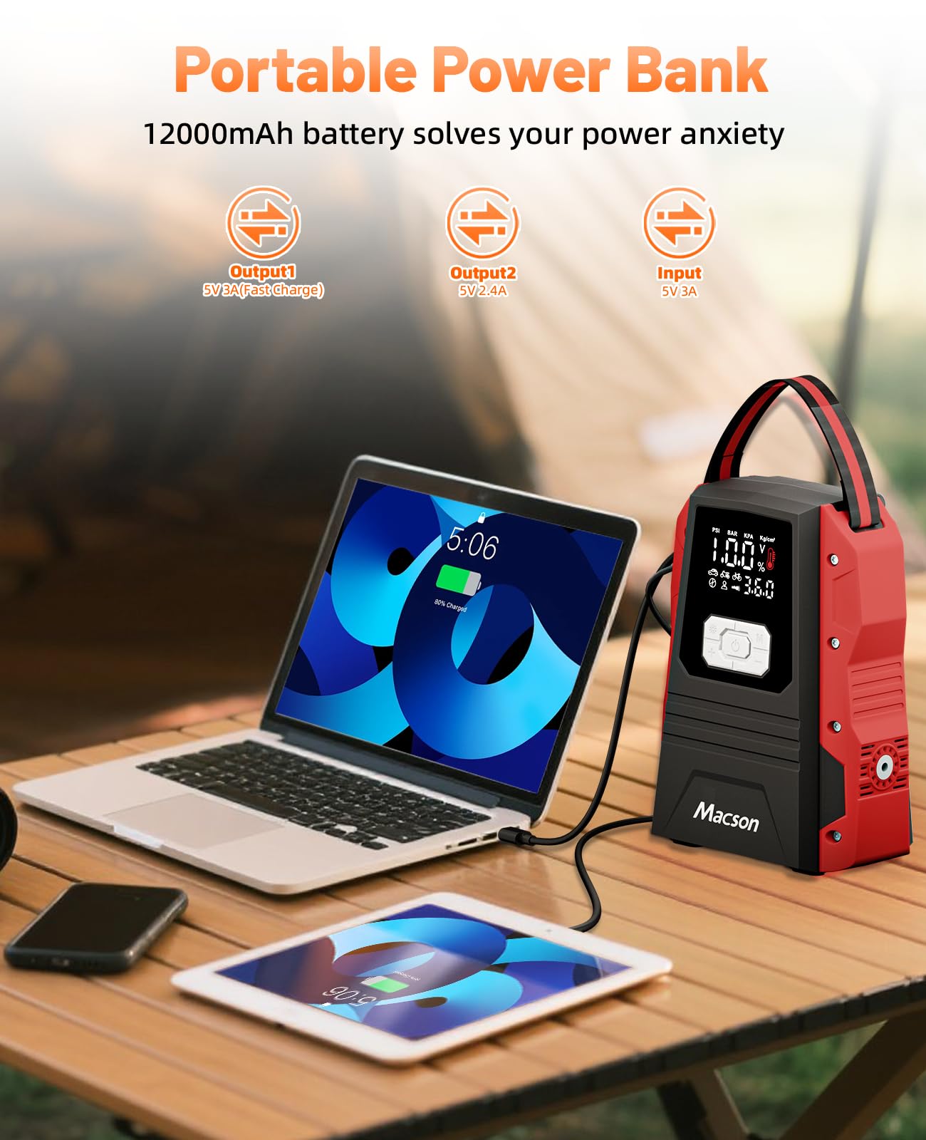 5000A Jump Starter with Air Compressor - Portable 12V Jump Box Battery Pack for 9.0L Gas/8.0L Diesel Engines, Car Jumper Starter Portable with 150PSI Tire Inflator, LED Screen, Fold-Up LED Flashlight