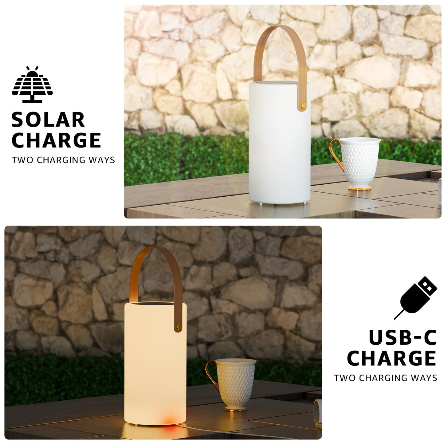 NiceBuy 2-Pack Solar Table Lamp Outdoor Water-Resistant LED Portable Solar Lantern Warm RGB Rechargeable Cordless Lights for Patio Deck Camping