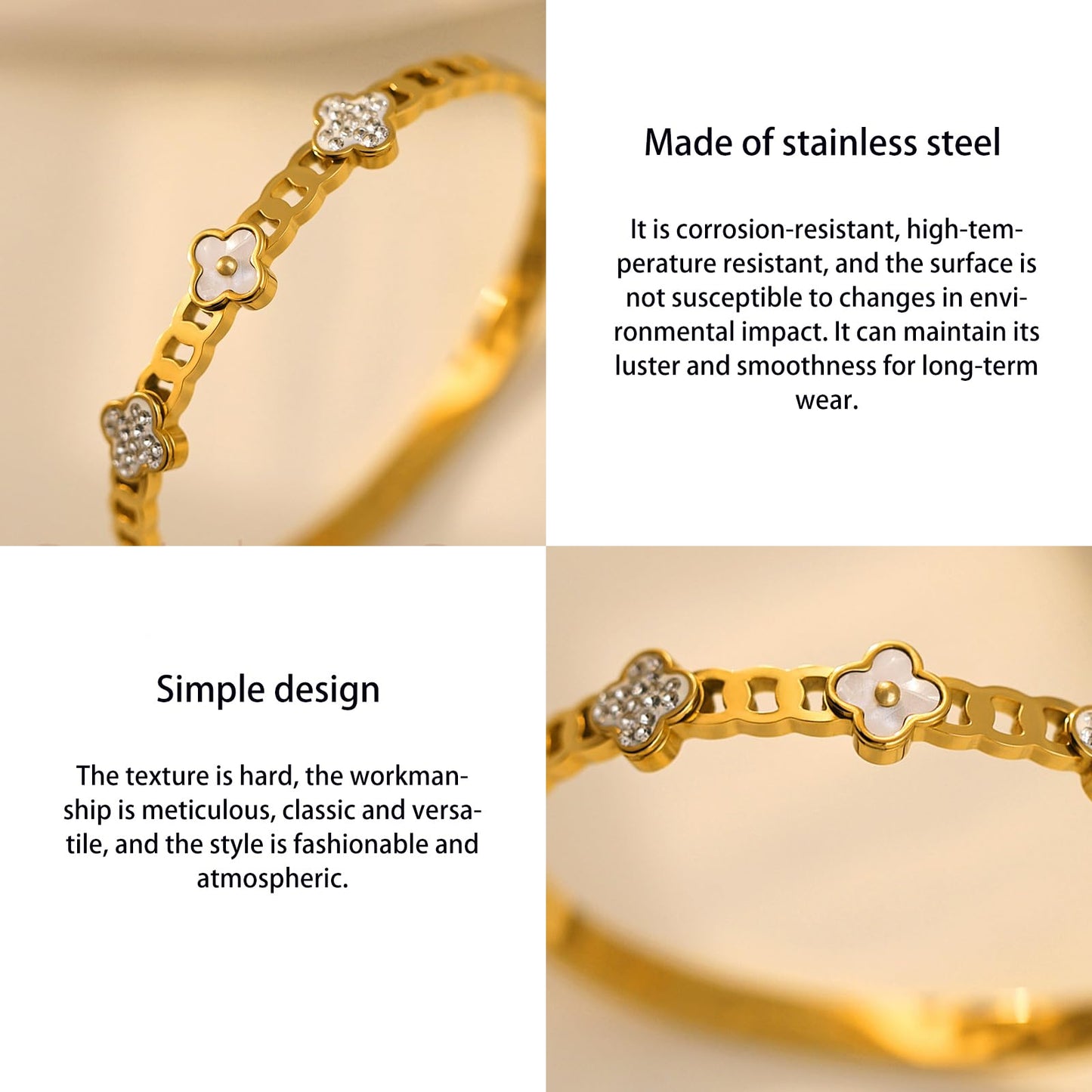 Vbvbip 18K Gold Plated 316L Stainless Steel Bracelet Collection - 12 Unique Designs + Matching Diamond-Accent Titanium Steel Petals Chain, Gift for Women