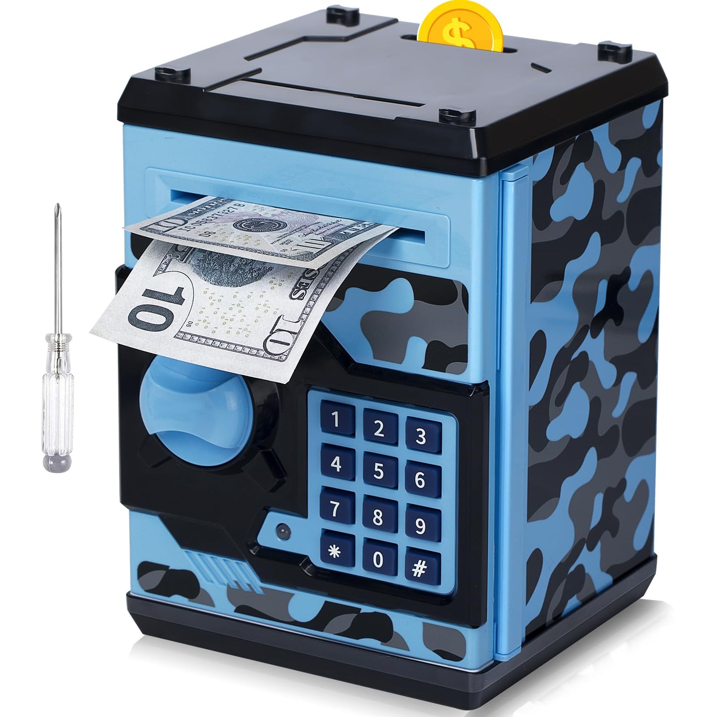 ATM Piggy Bank for Boys Girls, Vcertcpl Mini ATM Coin Bank Money Saving Box with Password, Kids Safe Money Jar for Adults with Auto Grab Bill Slot, Great Gift Toy Bank for Kids (Camouflage BlueGray)