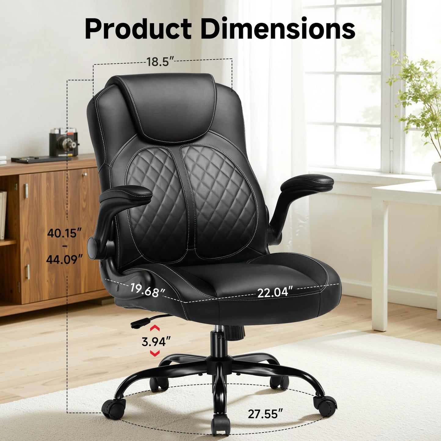 GTPLAYER Office Chair with Flip-Up Armrests, Ergonomic Desk Chair with Rocking Function, Adjustable Height, High-Density Foam Seat, Executive Computer Chair for Home Office (Black)