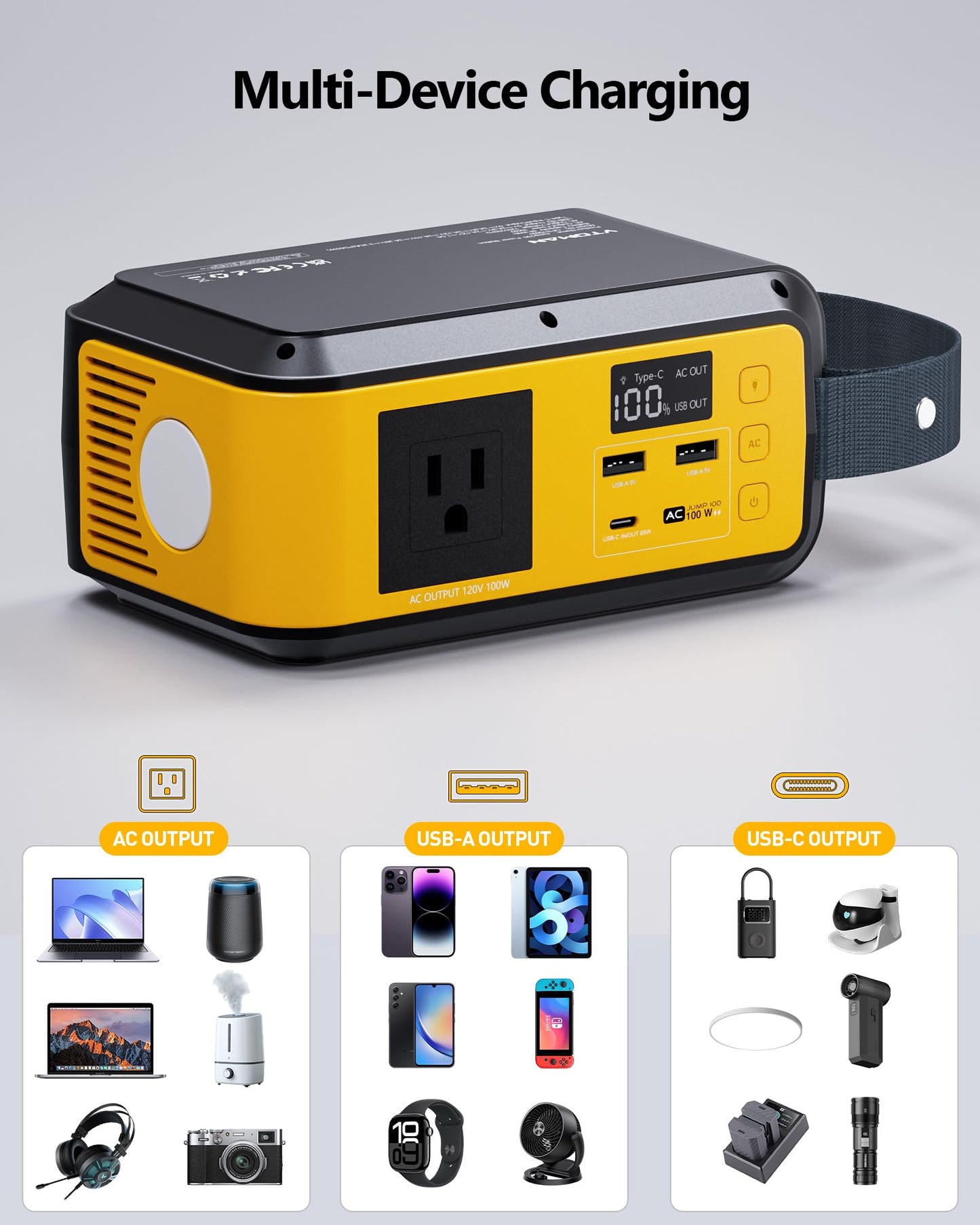 VTOMAN Jump 100 Portable Power Station, Solar Generator LiFePO4 Battery Power Station with 100W (Peak 200W) AC Outlet, 1x PD 65W USB-C, 2X Regulated 5V/2.4A USB-A for Camping