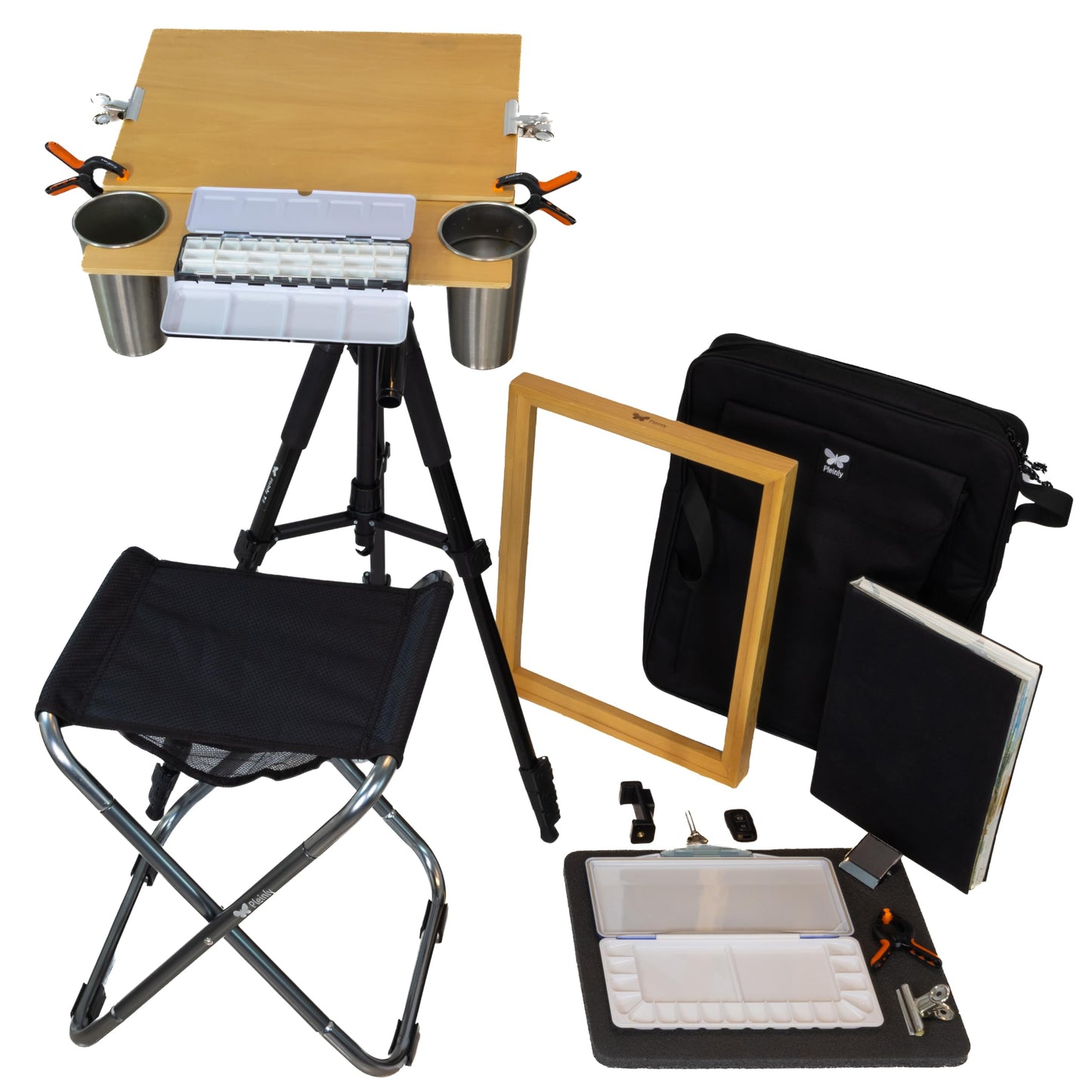 PLEINLY Outdoor Watercolor Easel Set | Portable Plein Air Watercolor Easel System with Studio-Like Ergonomics | Tripod, Wet Panel Carrier & Stool | Sketchbook, Palettes, Cups & Clips