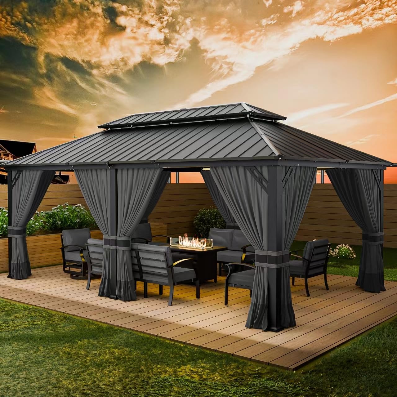 RTDTD 12' x 20' Hardtop Gazebo,Outdoor Aluminum Frame Permanent Pavilion Double Galvanized Steel Roof Pergola with Nettings and Curtains for Patio Lawns Backyard Deck,Grey